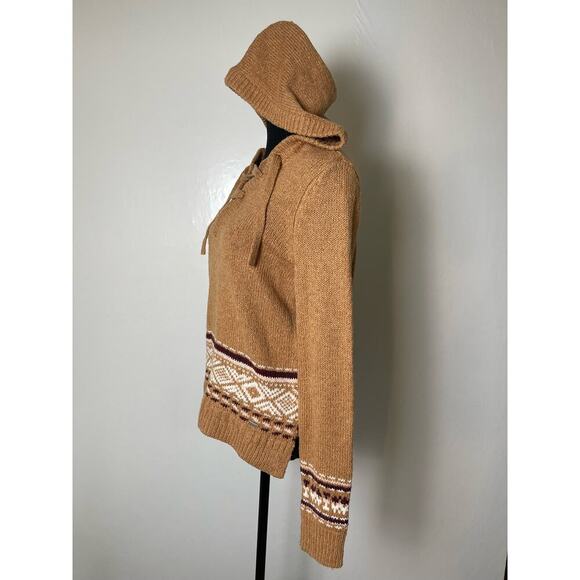 Hollister Hoodie Lace Up Pullover Aztec Western Cable Knit Sweater Tan S - Picture 3 of 10